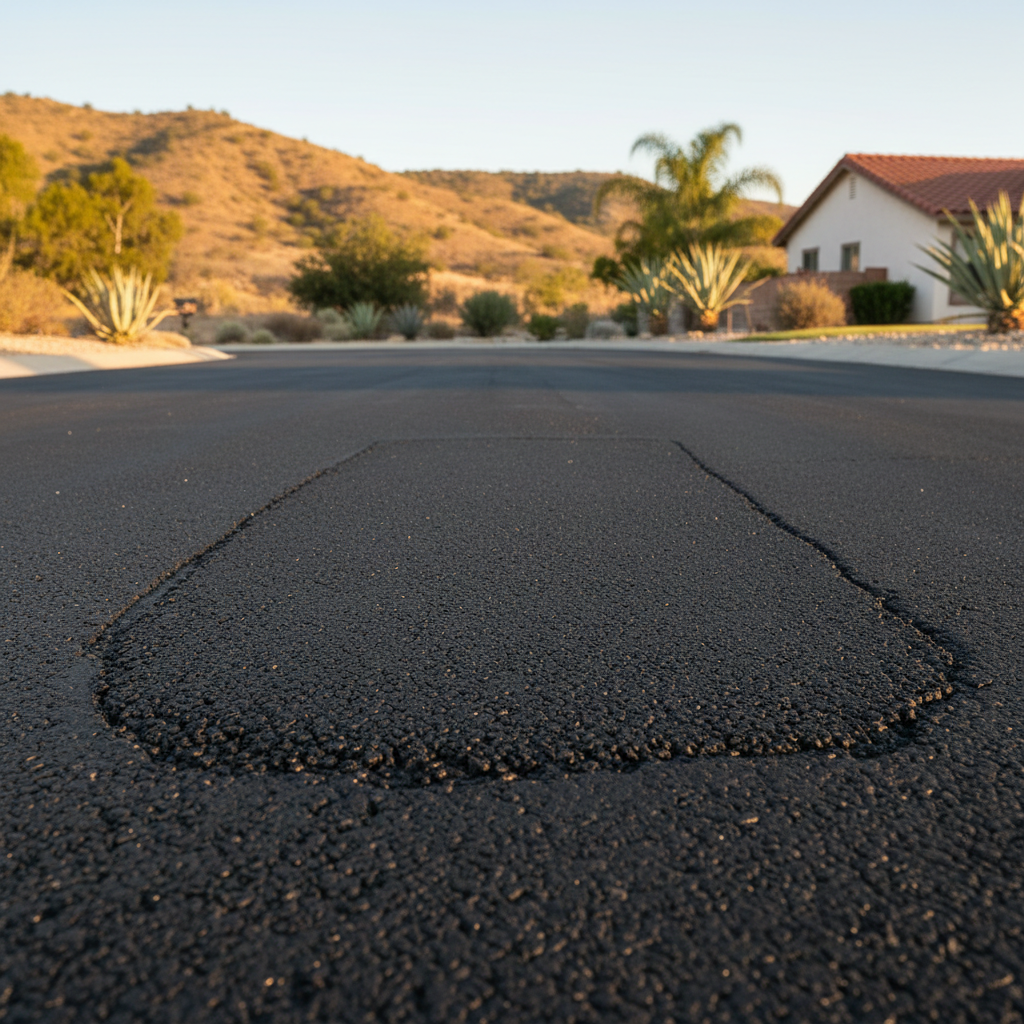 Completed asphalt patching work at a residential property in Banning, CA