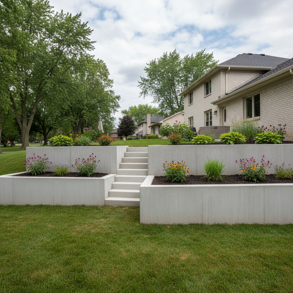 Completed concrete retaining walls work at a residential property in Waukegan, IL