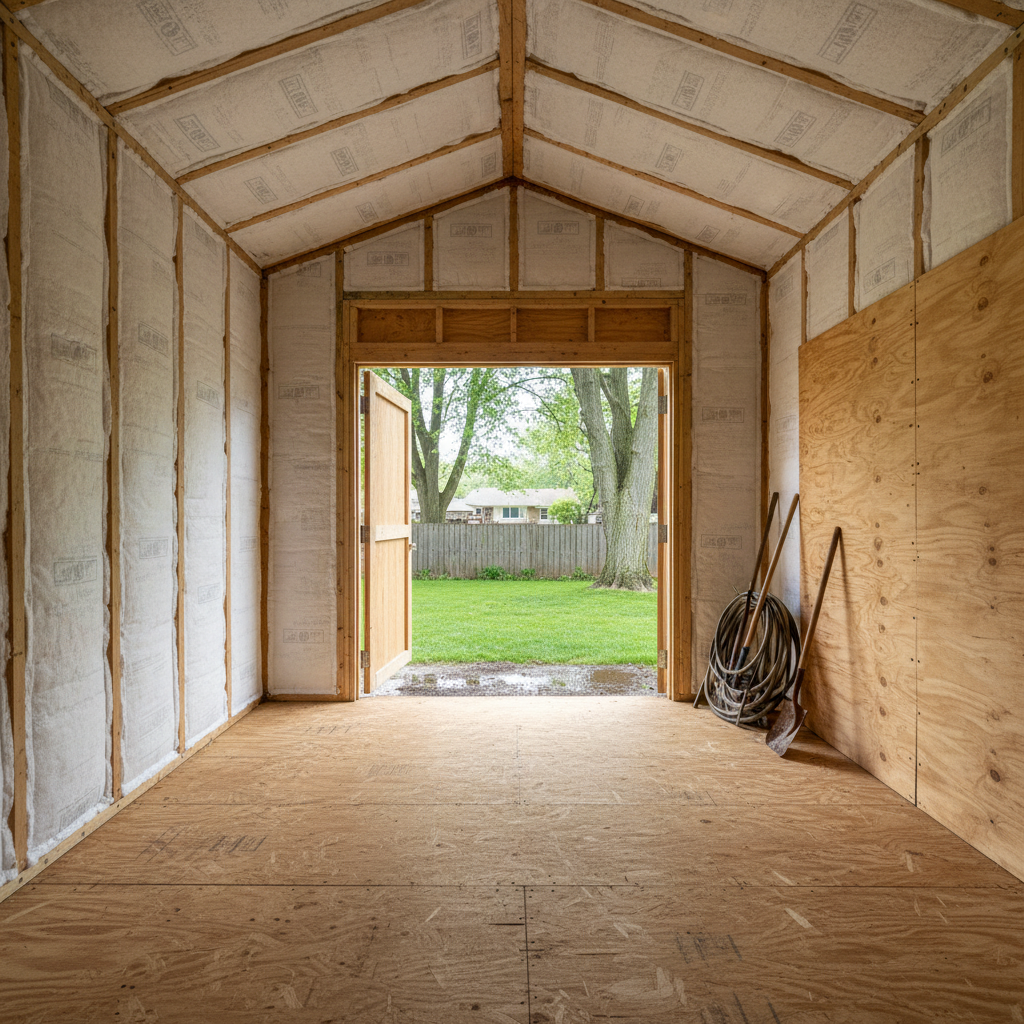 Completed shed insulation work at a residential property in Des Plaines, IL