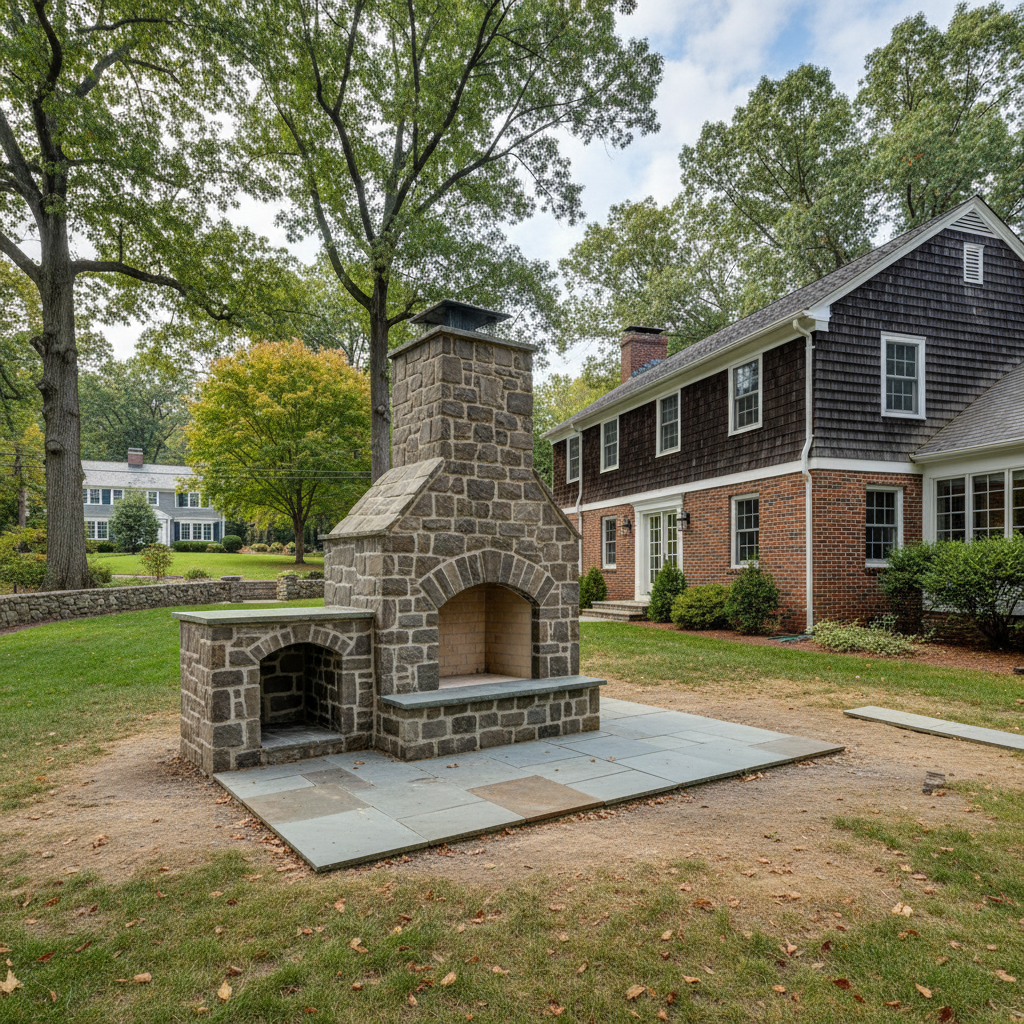 Completed fireplace construction work at a residential property in Brookline, MA