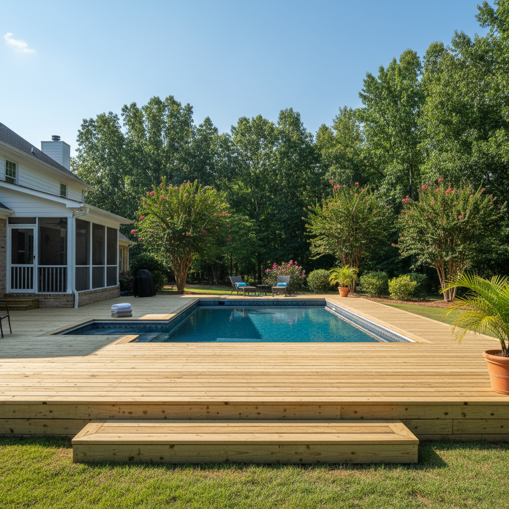 Completed pool decks work at a residential property in Clio, AL