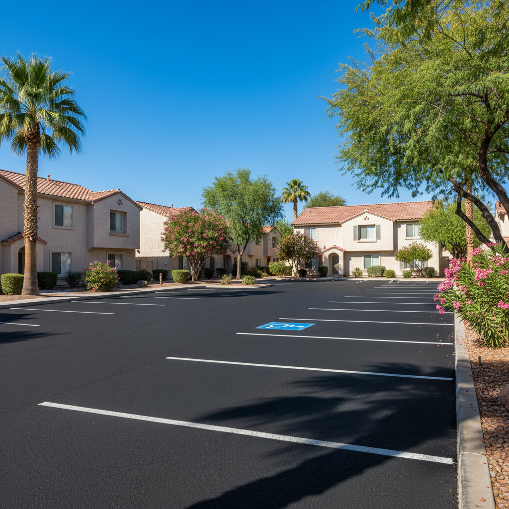 Completed parking lot paving work at a residential property in Mesa, AZ