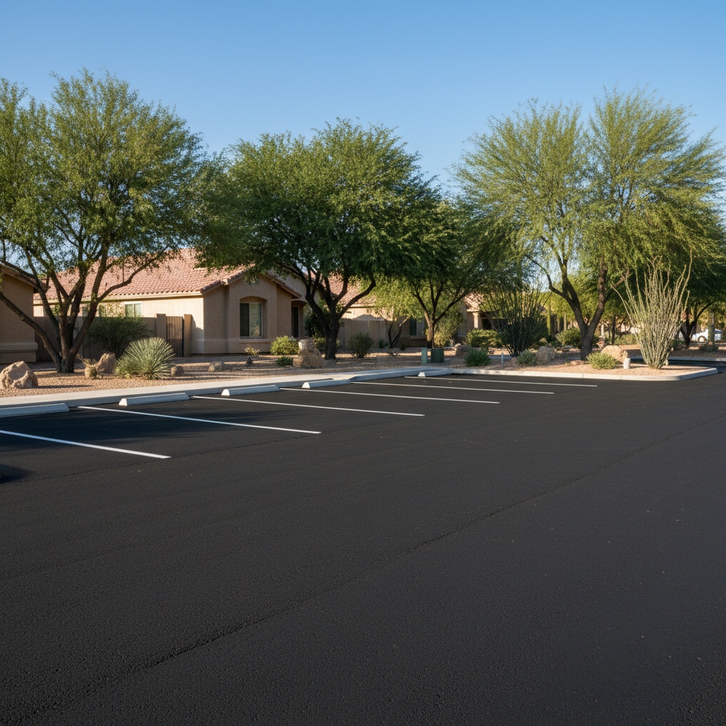 Completed parking lot paving work at a residential property in Mesa, AZ
