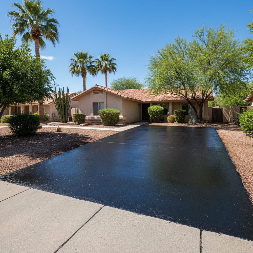 Completed asphalt sealcoating work at a residential property in Phoenix, AZ