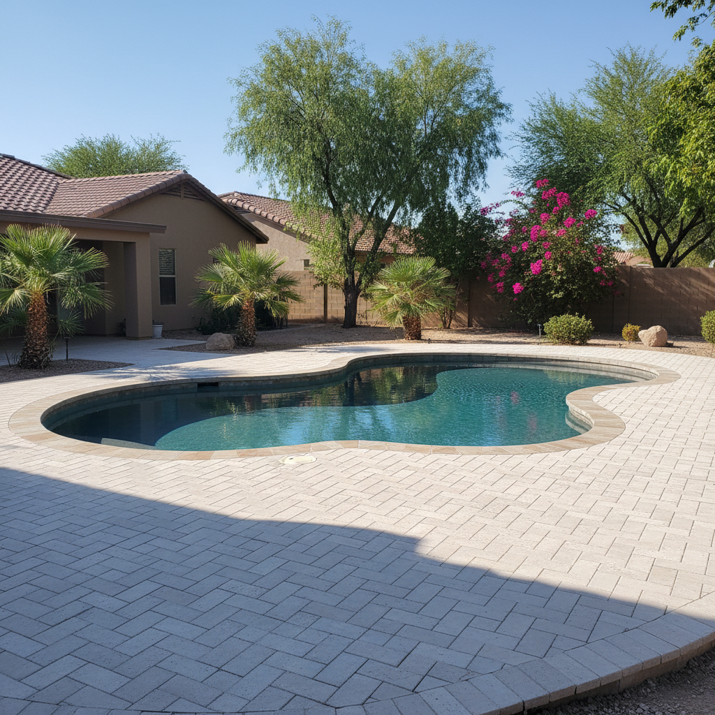 Completed pool decks work at a residential property in Queen Creek, AZ