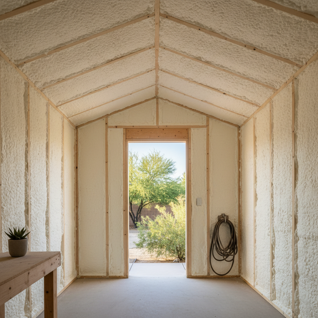 Completed shed insulation work at a residential property in Tempe, AZ