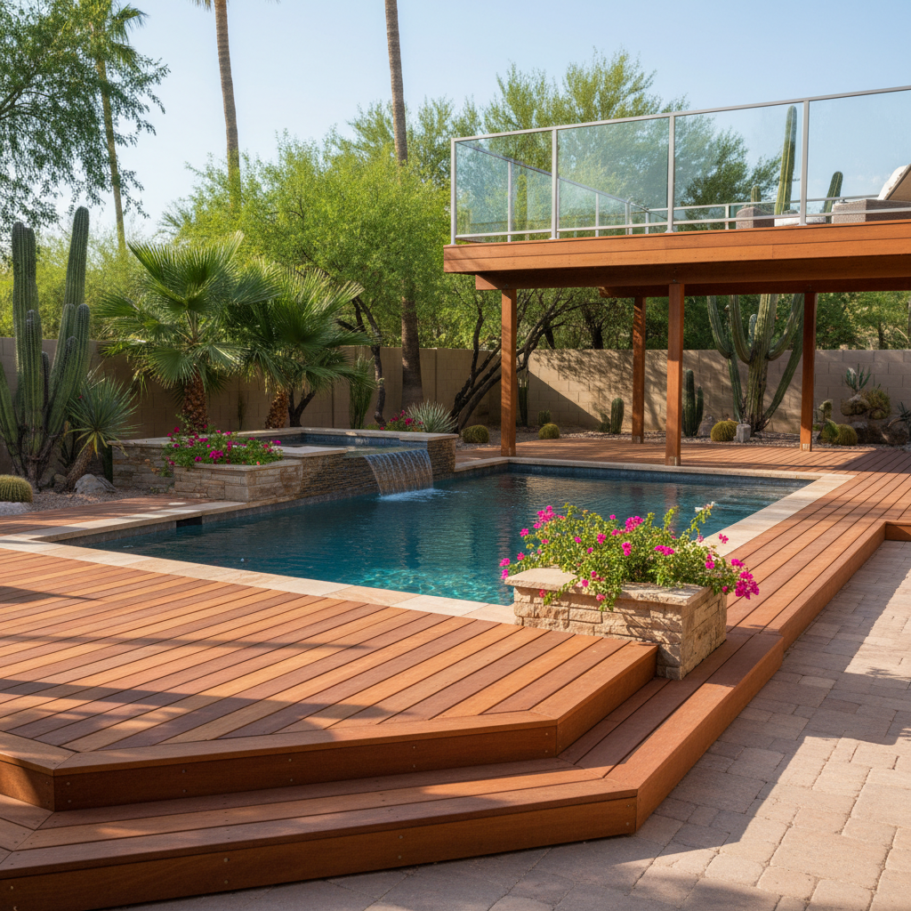 Completed pool decks work at a residential property in Tempe, AZ