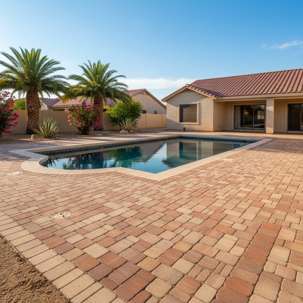 Completed pool decks work at a residential property in Chandler, AZ