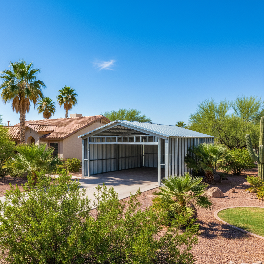 Completed metal frame garages work at a residential property in Apache Junction, AZ