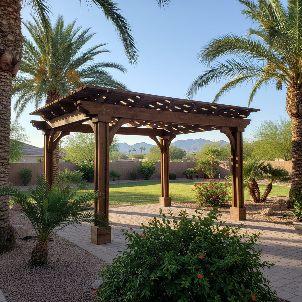 Completed pergola construction work at a residential property in Queen Creek, AZ