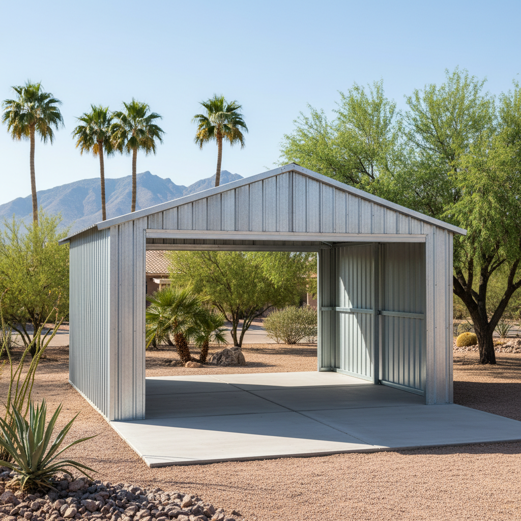 Completed metal frame sheds work at a residential property in Glendale, AZ