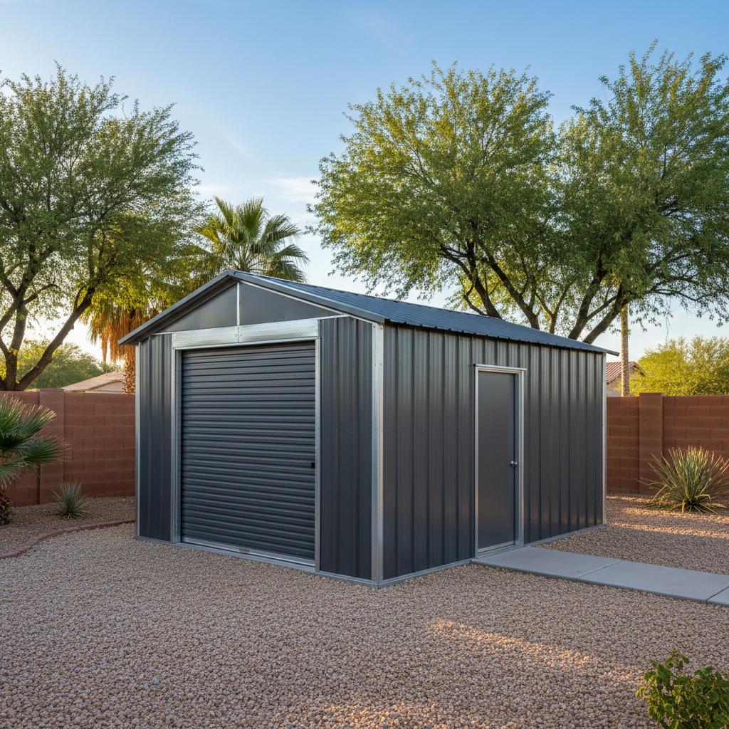 Completed metal frame sheds work at a residential property in Mesa, AZ