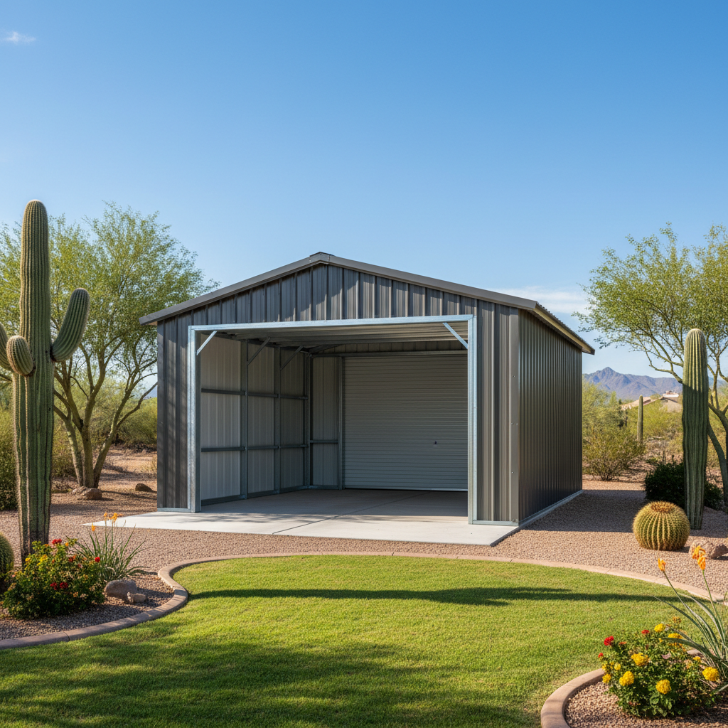 Completed metal frame garages work at a residential property in Marana, AZ