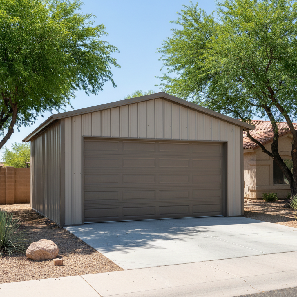 Completed metal frame garages work at a residential property in Peoria, AZ