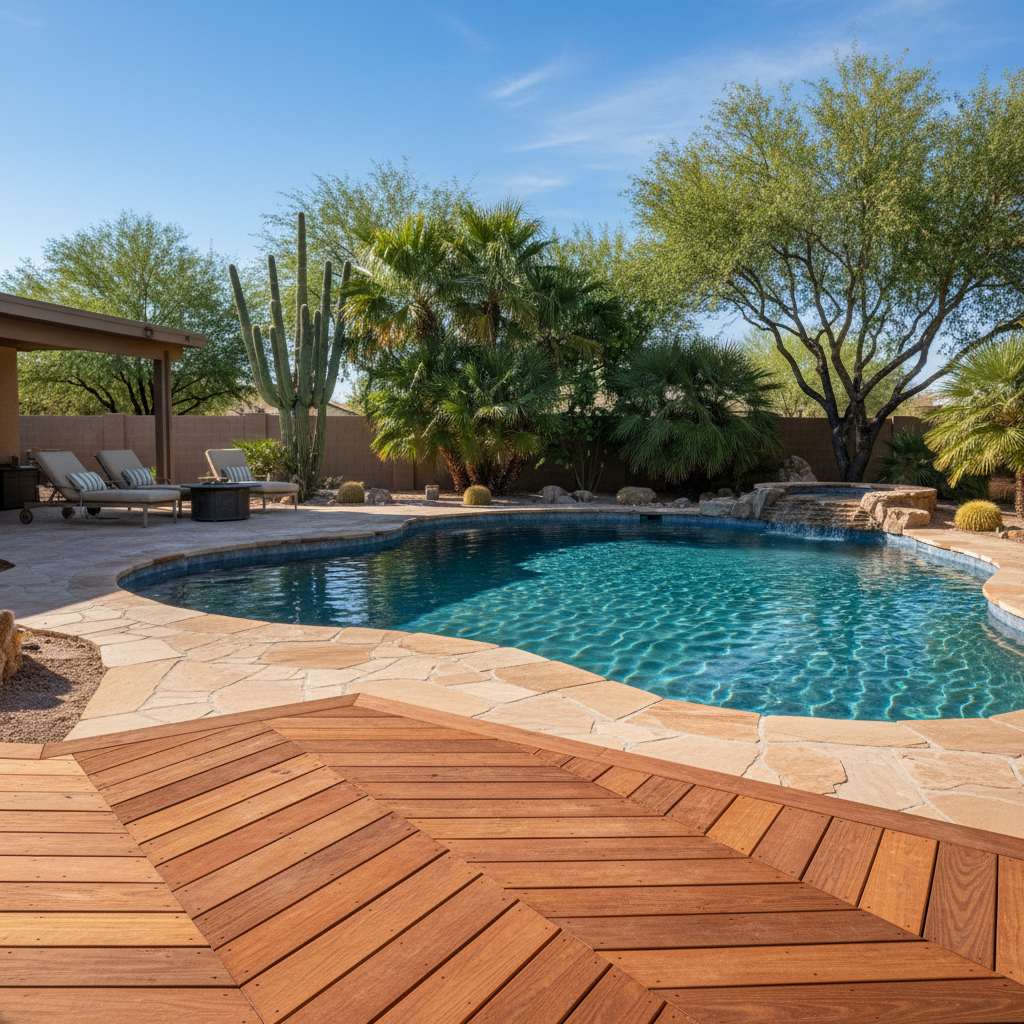 Completed pool decks work at a residential property in Phoenix, AZ