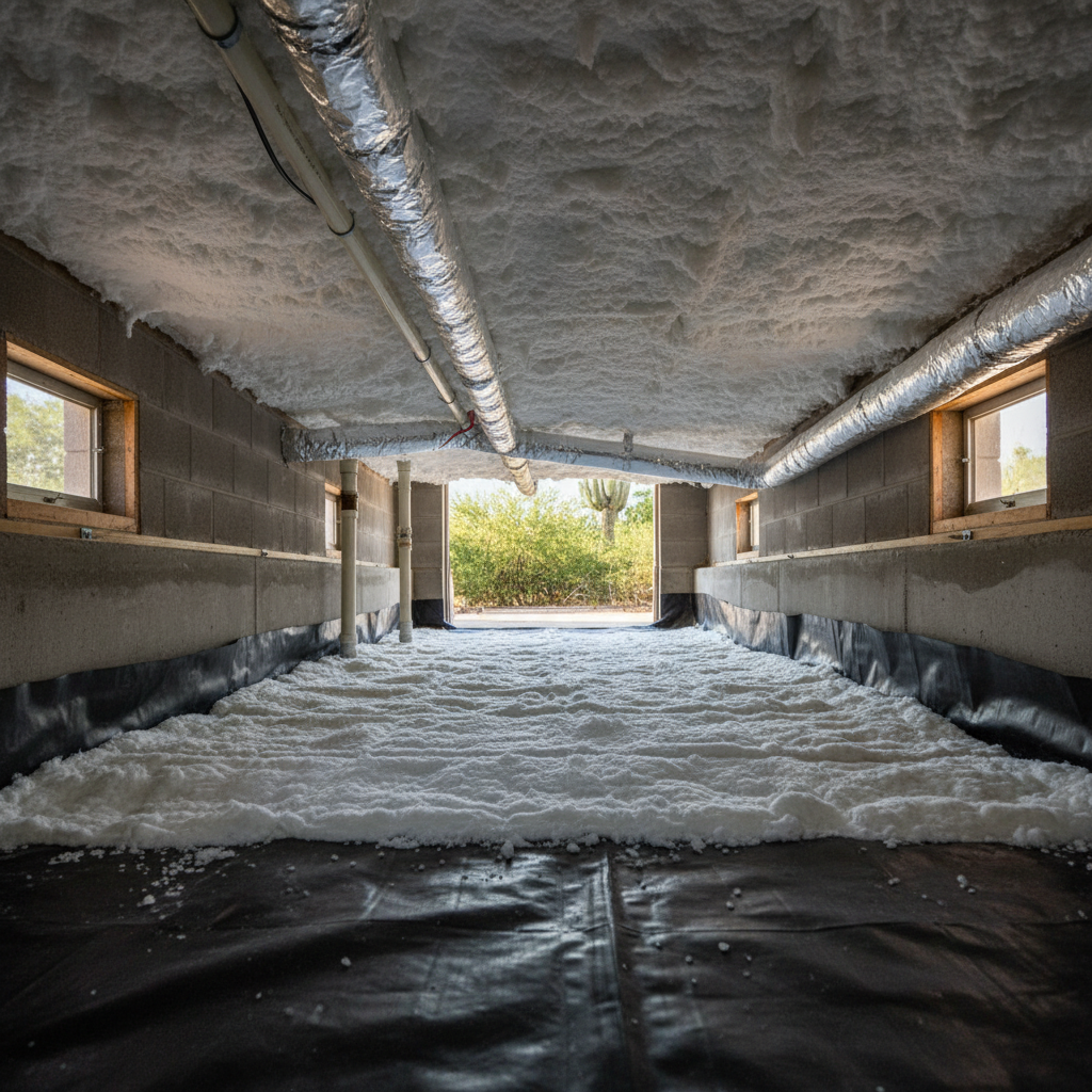 Completed crawl space insulation work at a residential property in Tucson, AZ