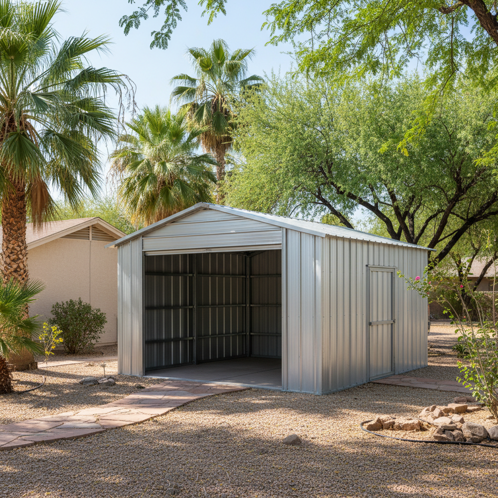 Completed metal frame sheds work at a residential property in Mesa, AZ