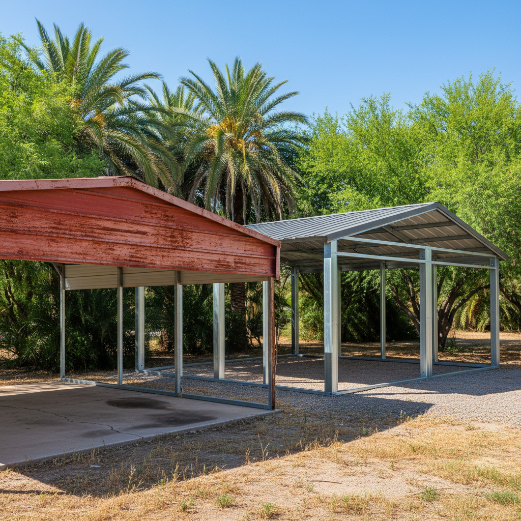 Completed metal frame garages work at a residential property in Coolidge, AZ