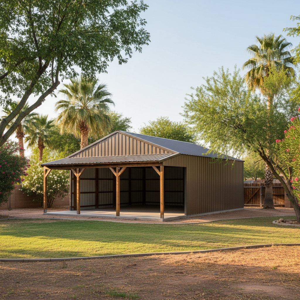 Completed metal pole barns work at a residential property in Mesa, AZ