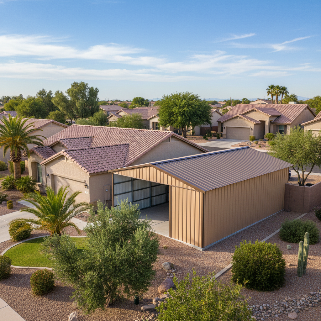Completed metal frame sheds work at a residential property in Avondale, AZ