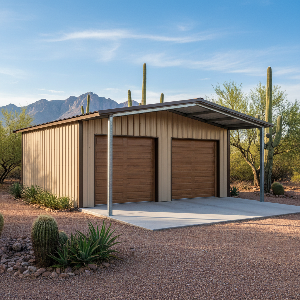 Completed metal frame garages work at a residential property in Apache Junction, AZ