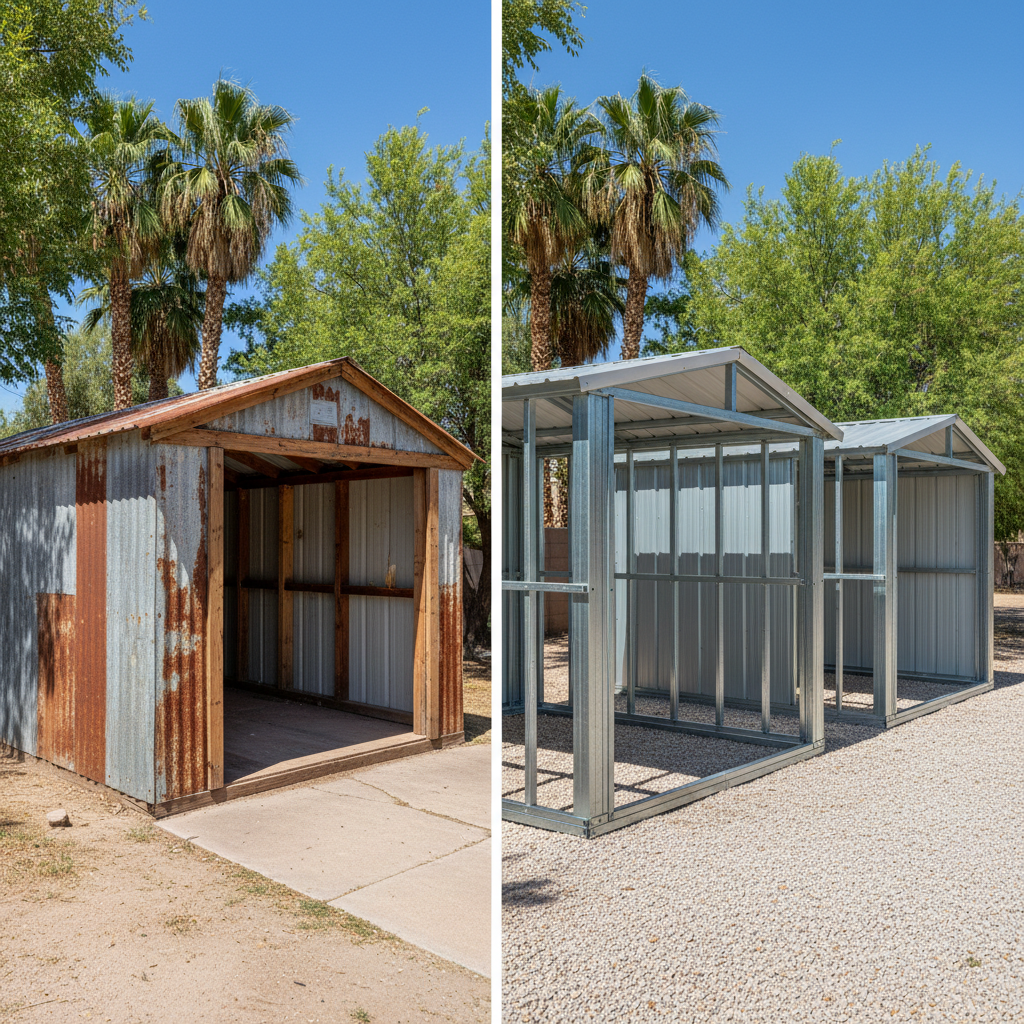 Completed metal frame sheds work at a residential property in Coolidge, AZ