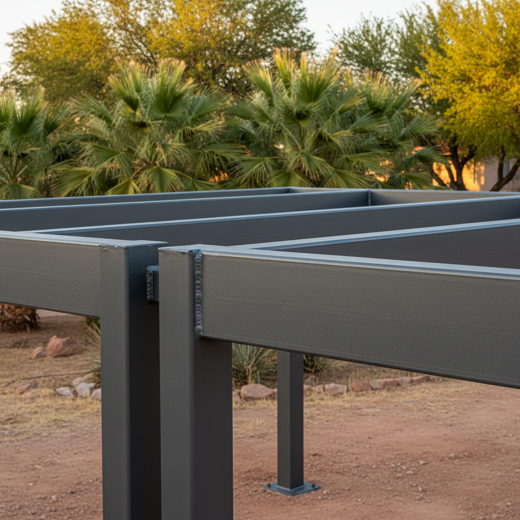 Completed metal frame garages work at a residential property in Mesa, AZ