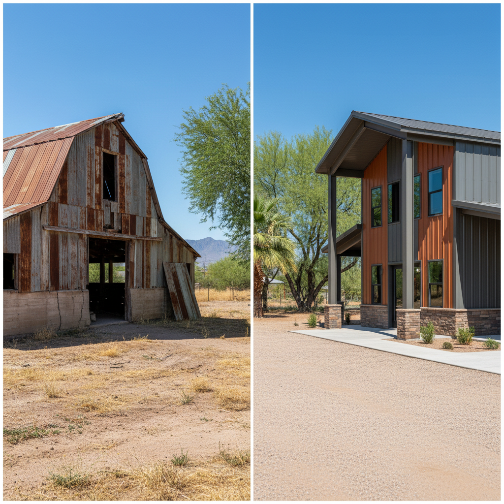 Completed metal barndominiums work at a residential property in Marana, AZ