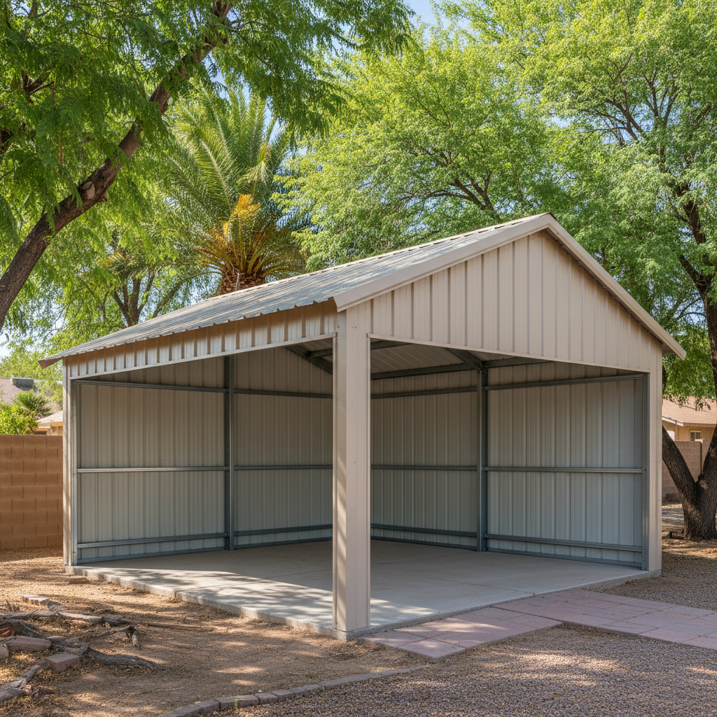 Completed metal frame garages work at a residential property in Glendale, AZ