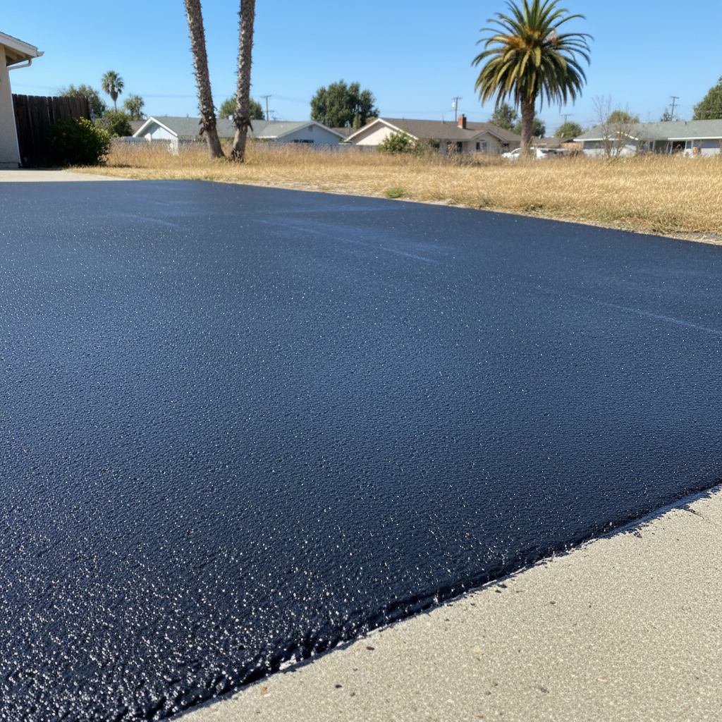 Completed asphalt sealcoating work at a residential property in Long Beach, CA
