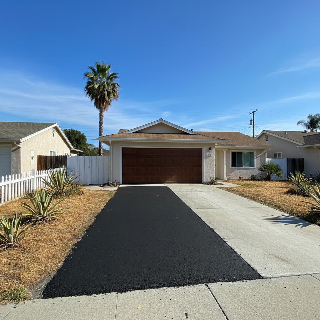 Completed asphalt patching work at a residential property in Costa Mesa, CA