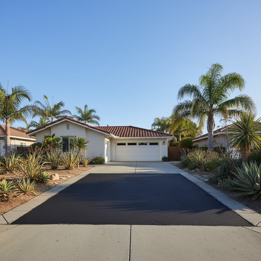 Completed asphalt patching work at a residential property in Newport Beach, CA