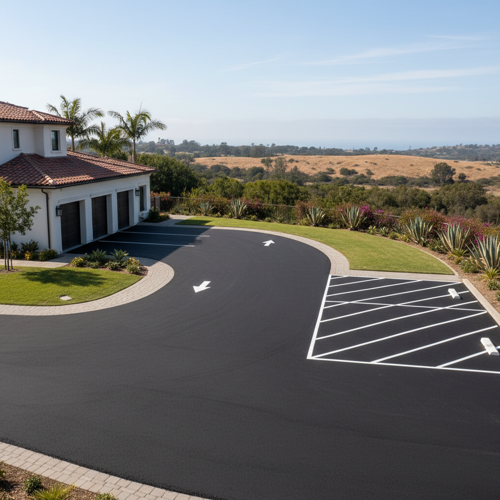 Completed asphalt striping work at a residential property in Newport Beach, CA