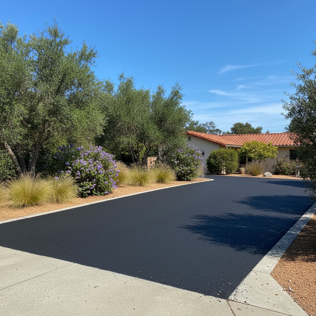 Completed asphalt sealcoating work at a residential property in Palo Alto, CA