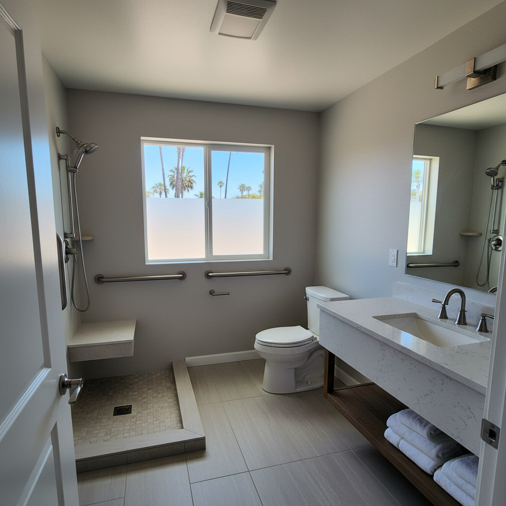 Completed handicap accessible bathrooms work at a residential property in Huntington Beach, CA
