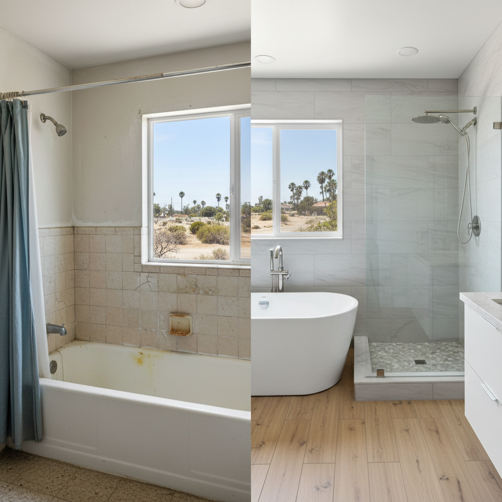 Completed bathtub and shower installation work at a residential property in Huntington Beach, CA
