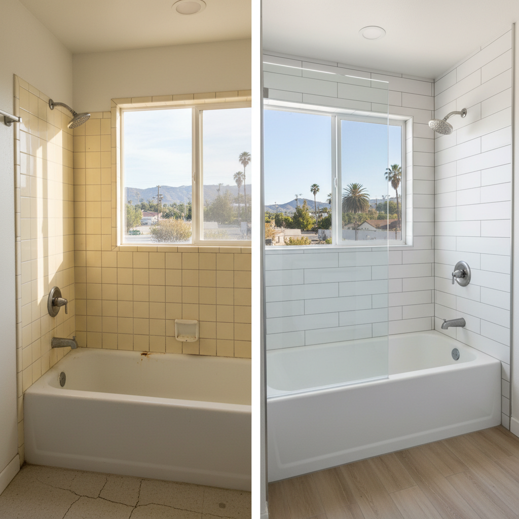 Completed bathtub and shower installation work at a residential property in La Mirada, CA