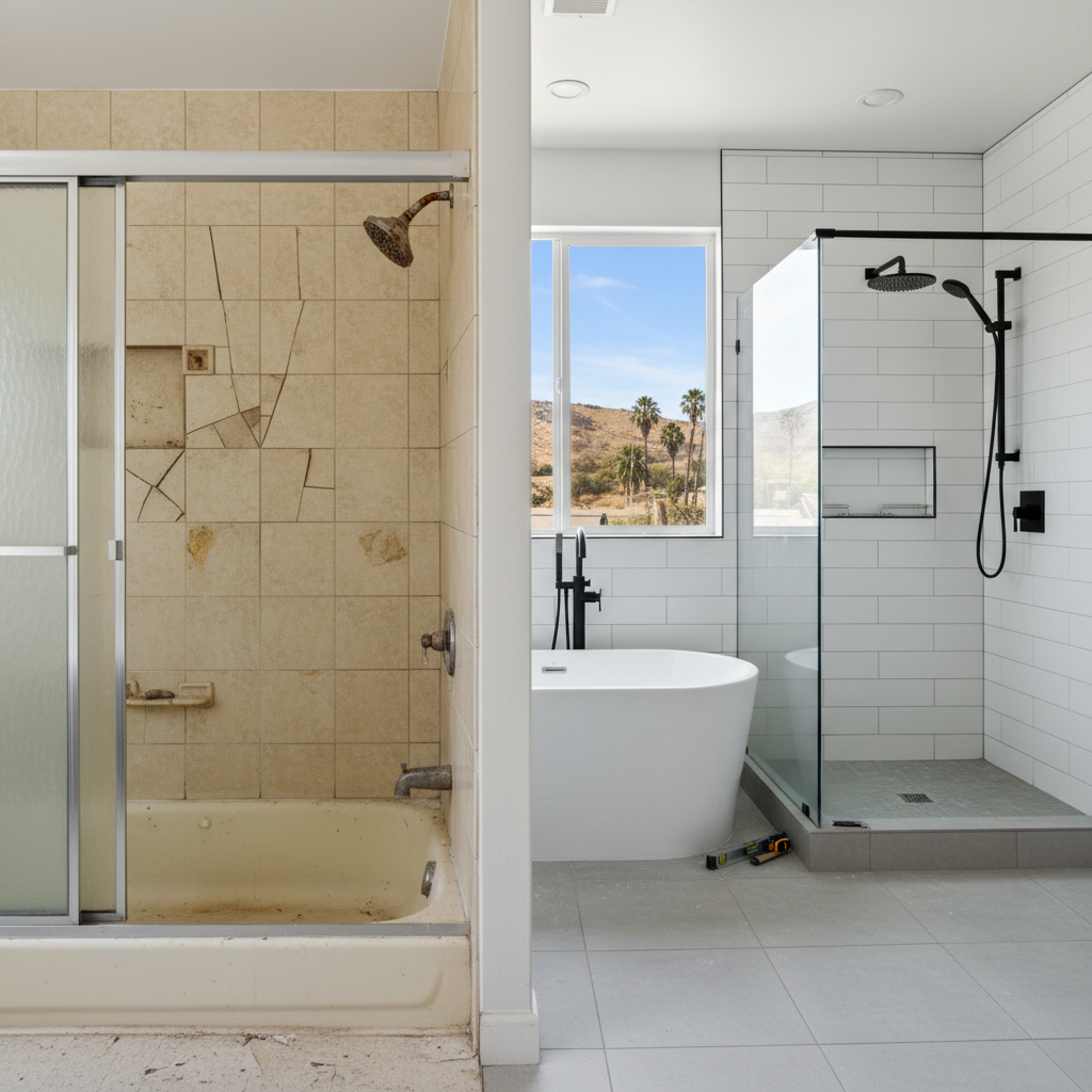 Completed bathtub and shower installation work at a residential property in Covina, CA