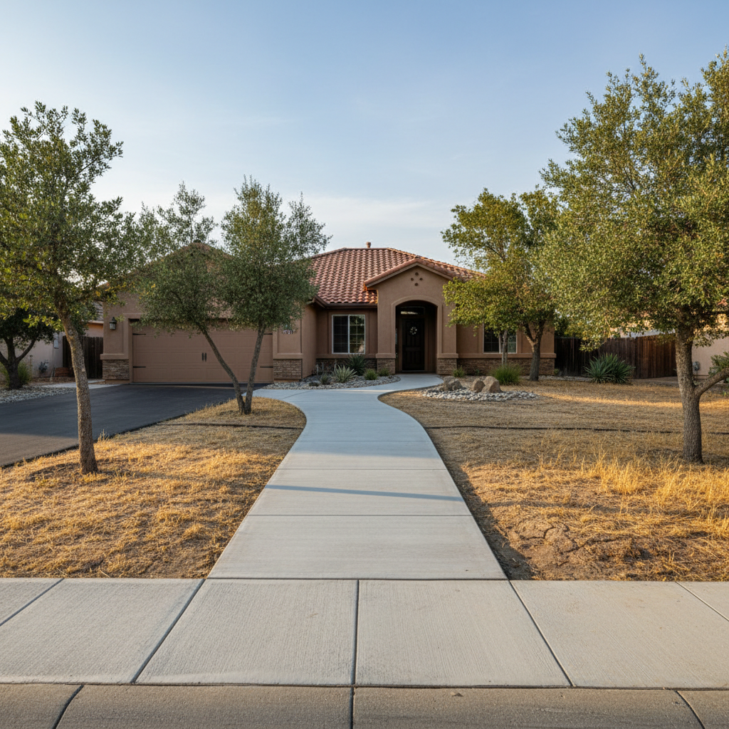 Completed concrete sidewalks work at a residential property in Stockton, CA