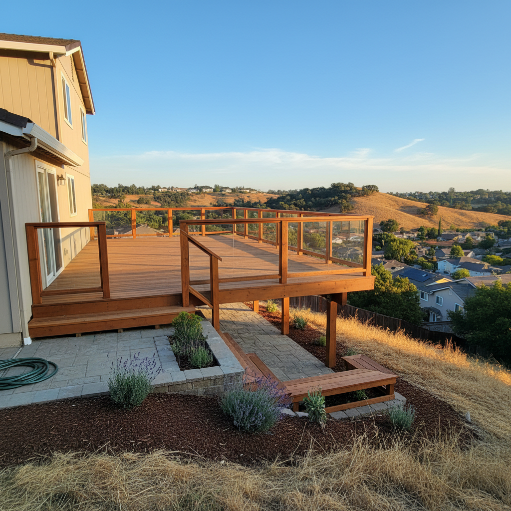 Completed deck construction work at a residential property in Pittsburg, CA