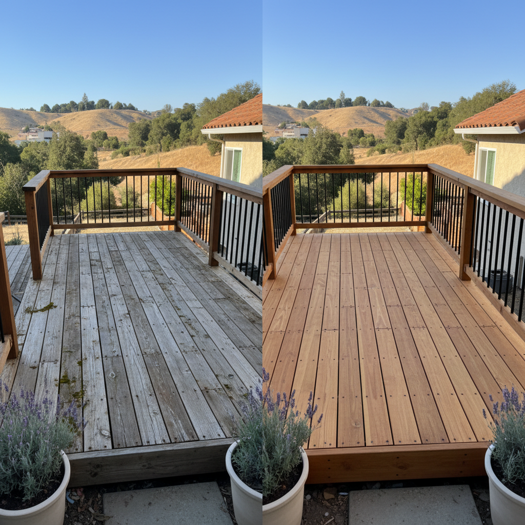 Completed deck construction work at a residential property in Pittsburg, CA