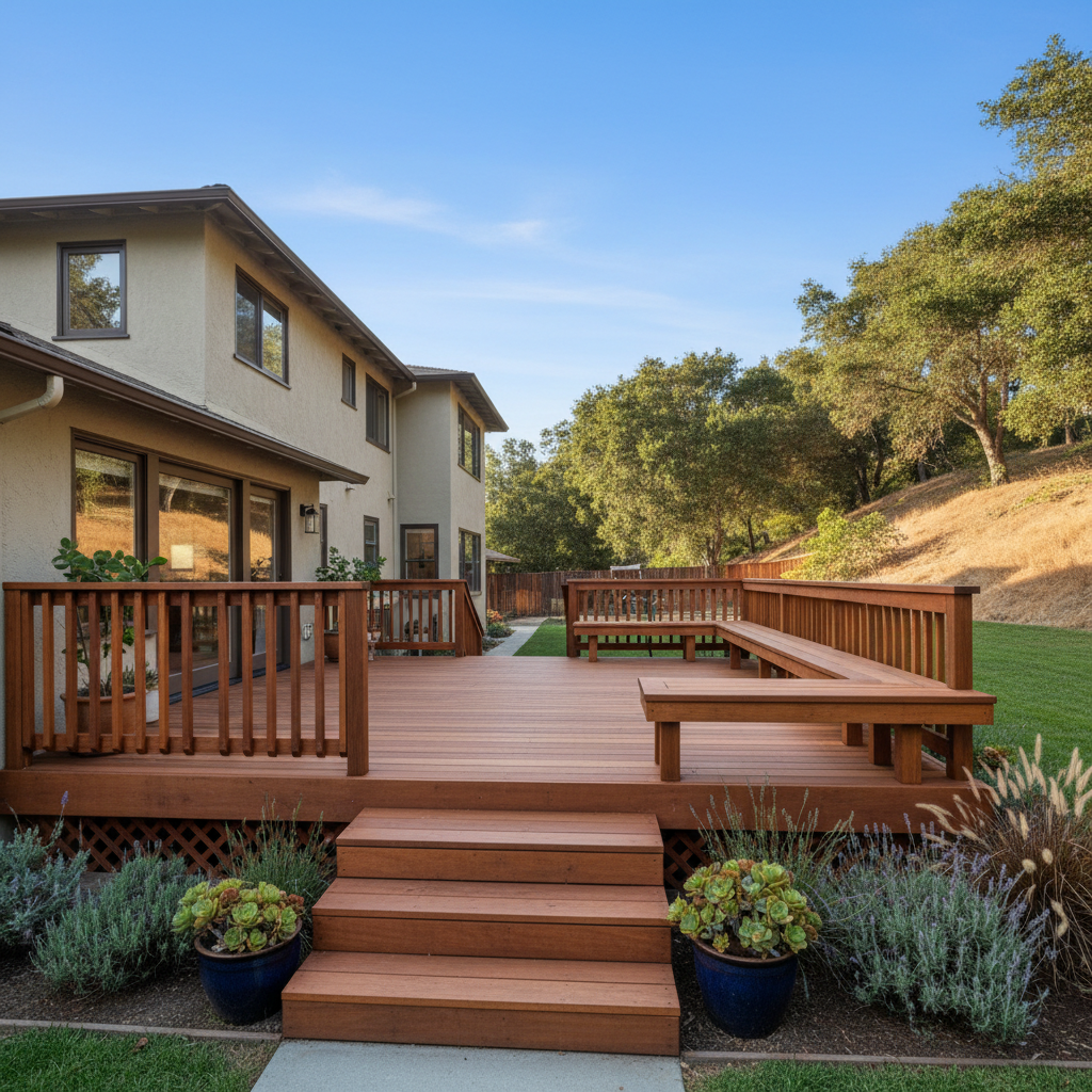 Completed deck construction work at a residential property in San Leandro, CA