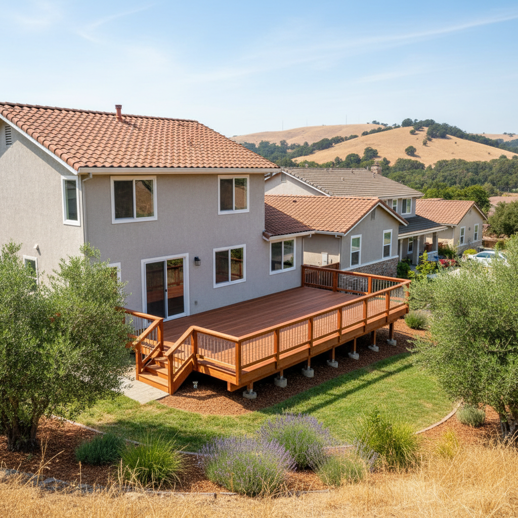 Completed wooden decks work at a residential property in San Leandro, CA