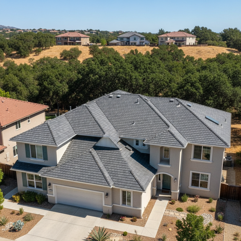Completed asphalt shingle roofing work at a residential property in El Dorado Hills, CA