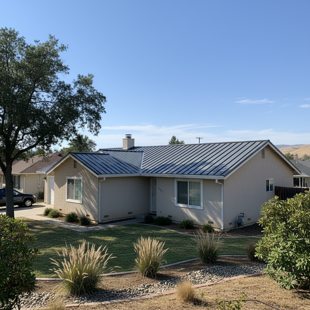 Completed metal roofing work at a residential property in Elk Grove, CA