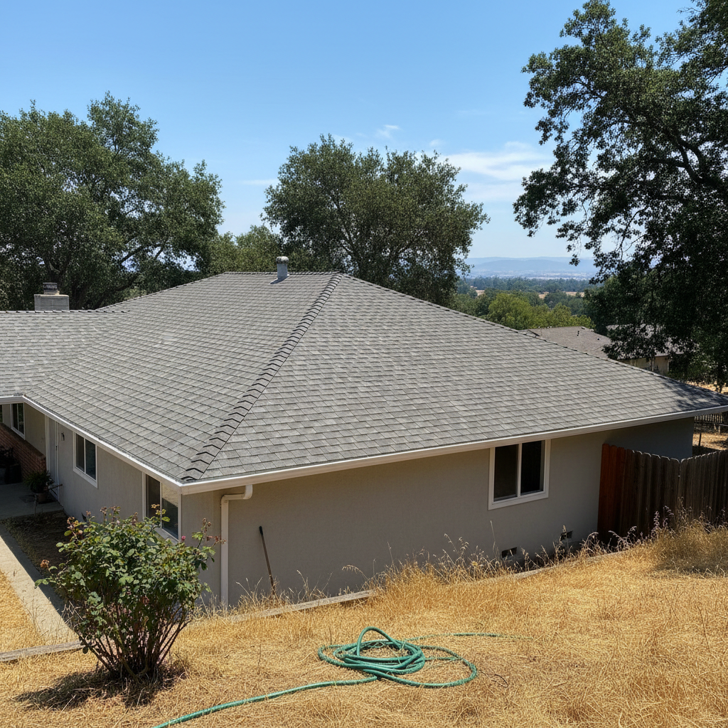 Completed asphalt shingle roofing work at a residential property in Rancho Cordova, CA