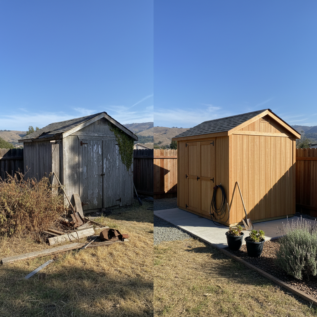 Completed shed delivery and installation work at a residential property in San Jose, CA