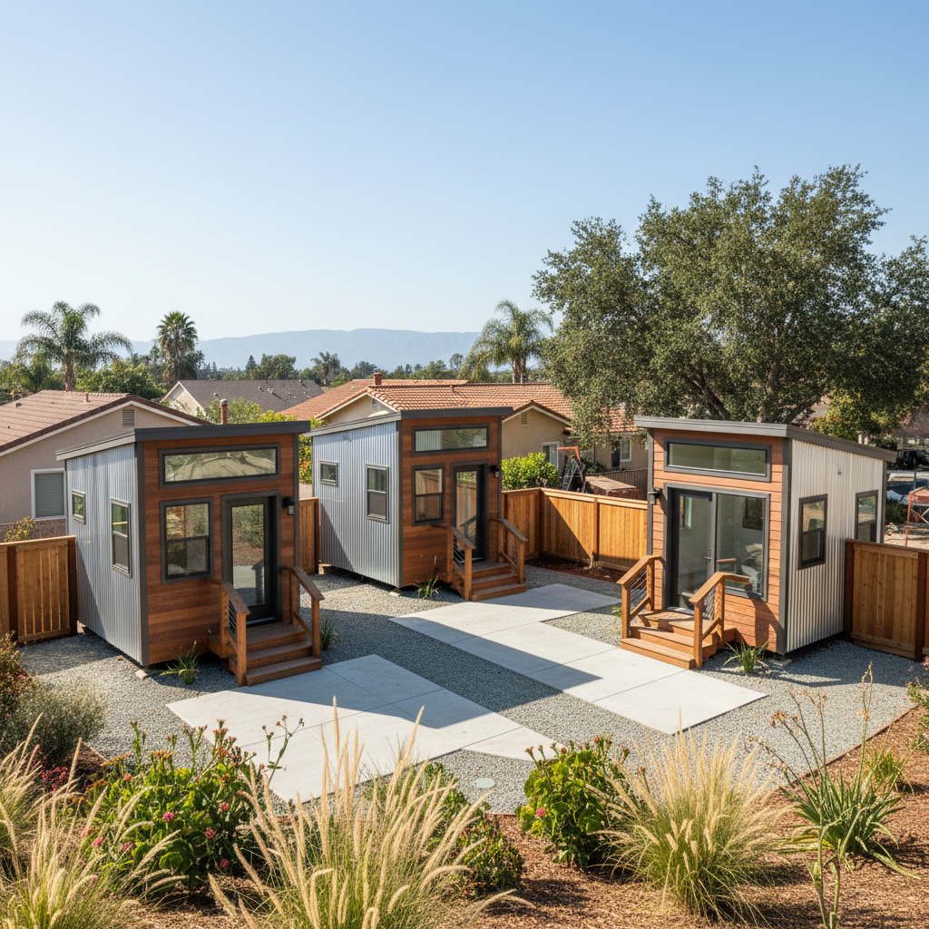 Completed tiny homes work at a residential property in San Jose, CA