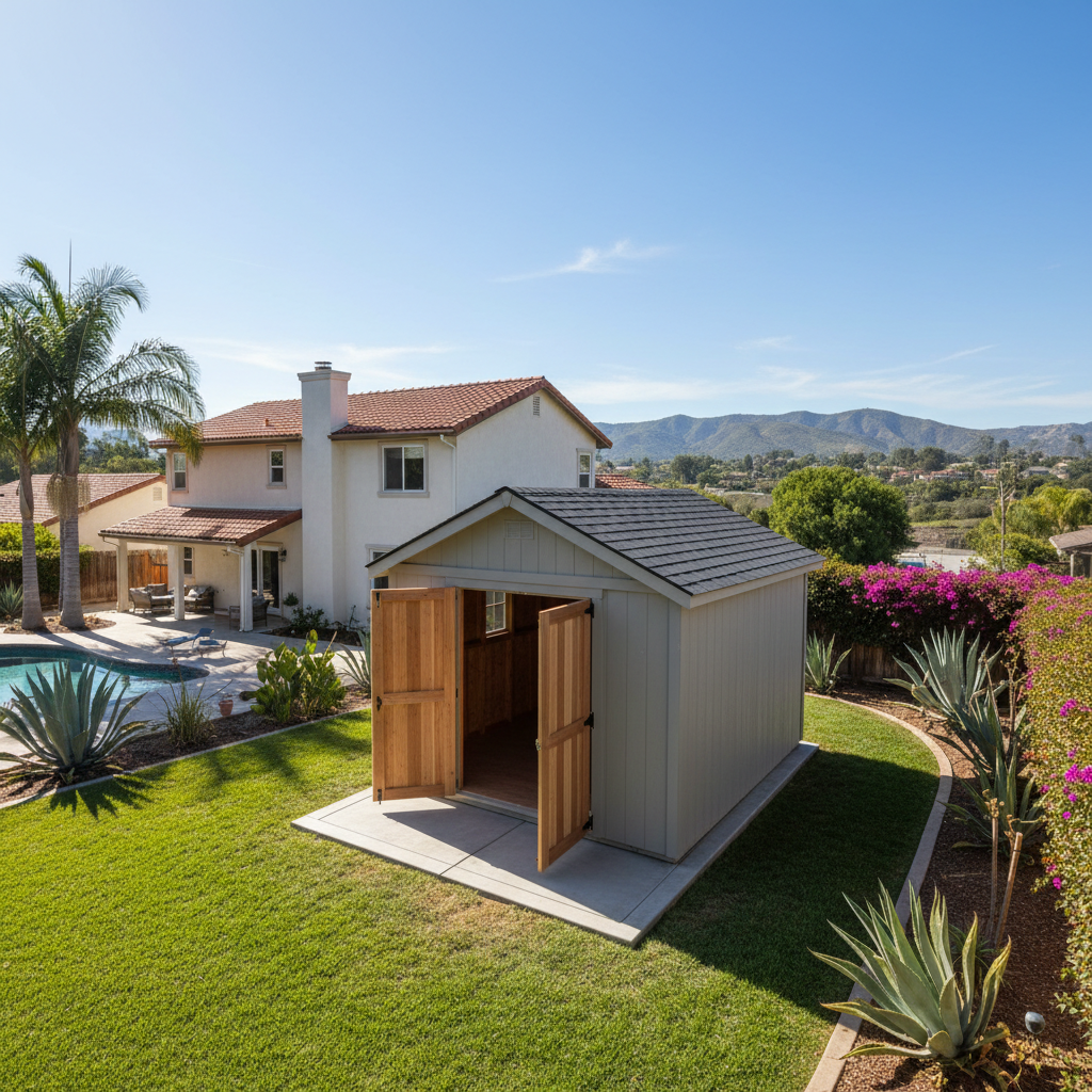 Completed shed delivery and installation work at a residential property in Los Angeles, CA