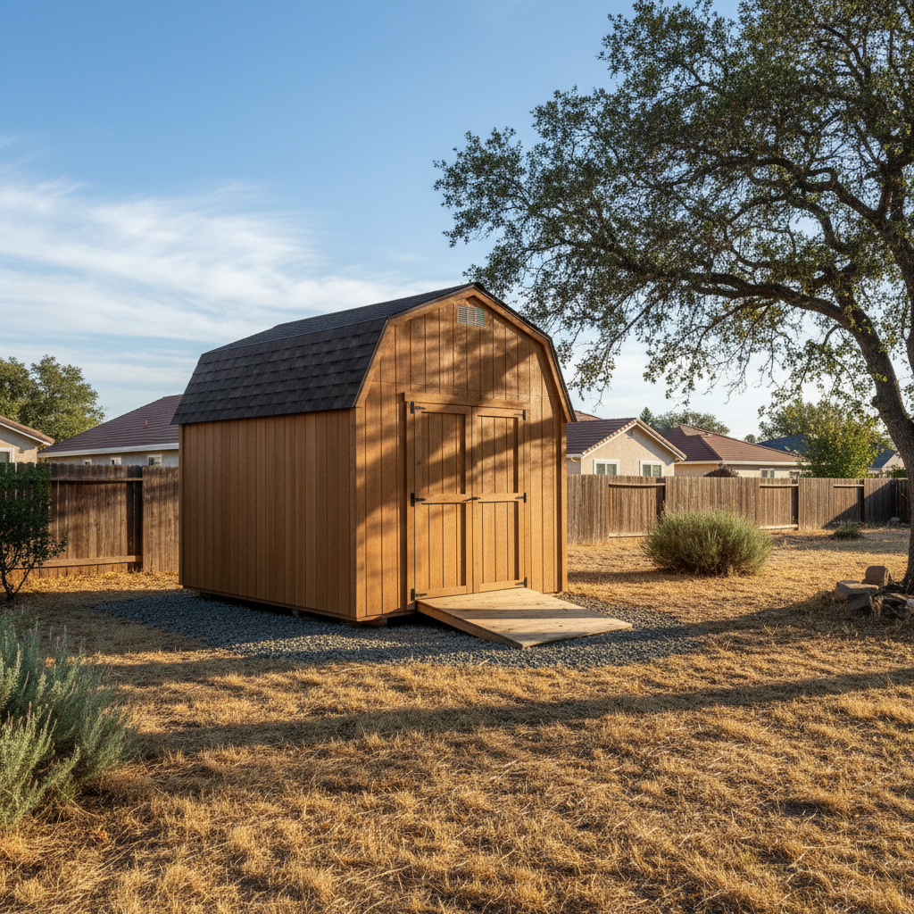 Completed shed delivery and installation work at a residential property in Oakdale, CA